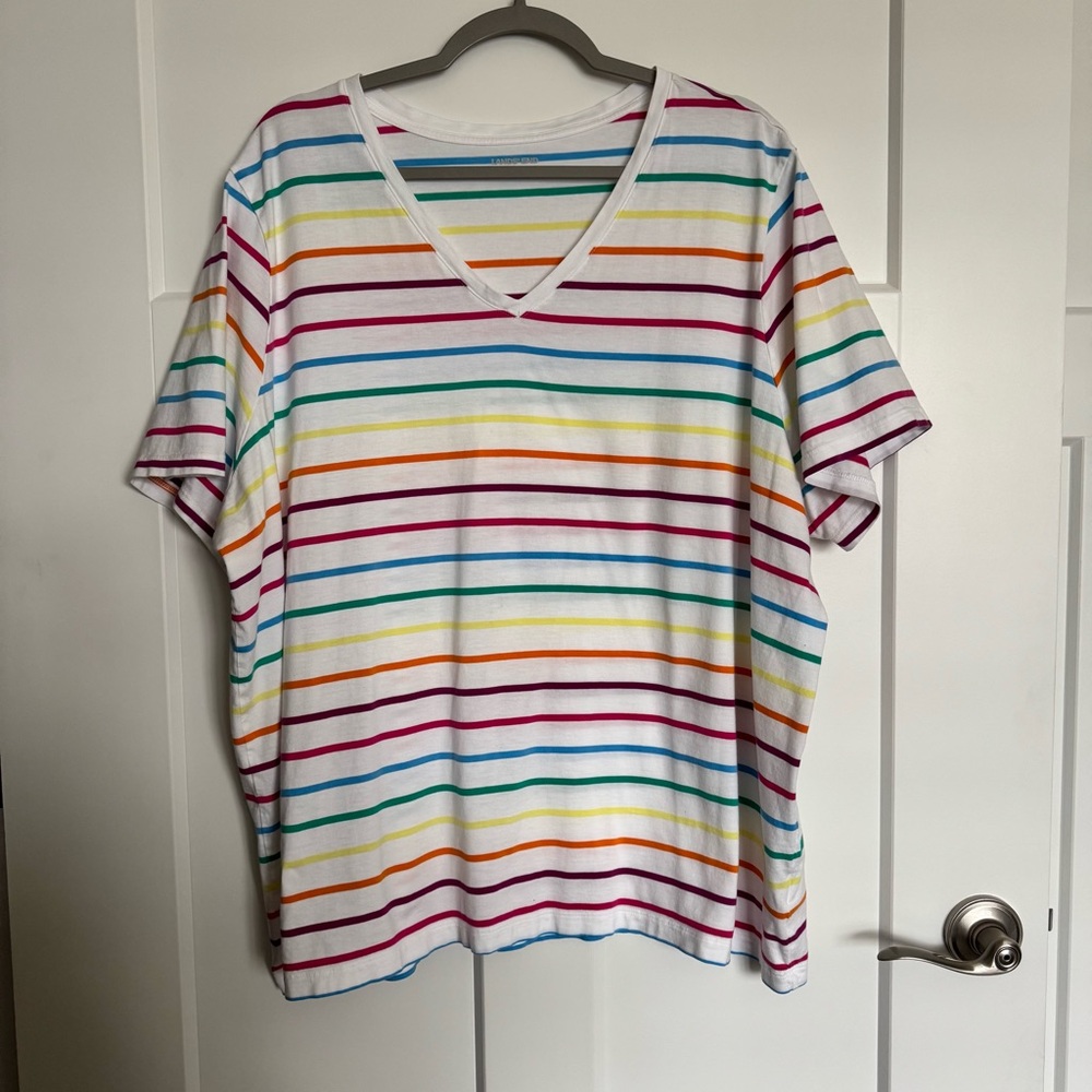 Lands' End 100% Cotton Multicolor Striped White Short Sleeve V-Neck Tee Size 3X